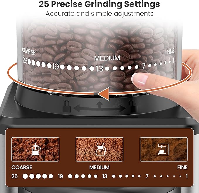 Home Coffee Grinder, Conical Burr Grinder with 25 Settings, 60-Second Timer, Stainless Steel, Anti-Slip Base, Anti-Static, Easy to Clean