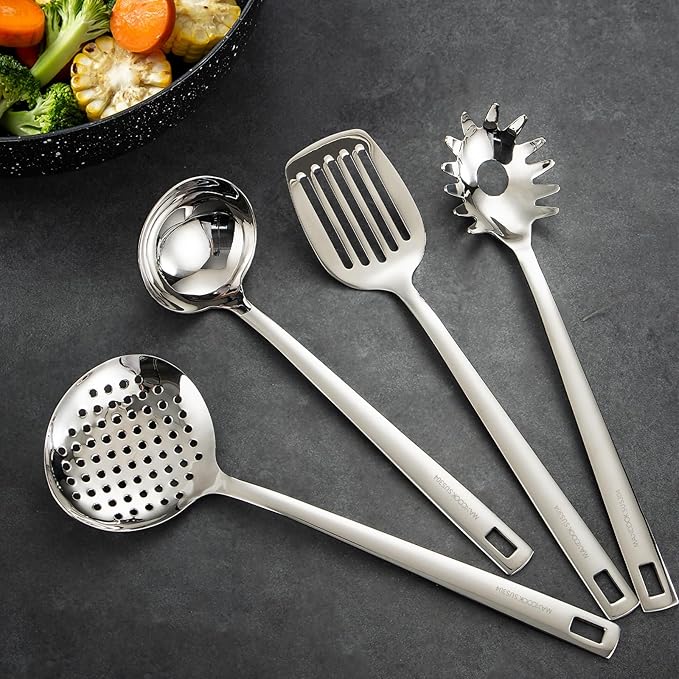 18/8 Stainless Steel Cooking Utensils Set, Spatula Set Kitchen Wok Utensils Set, Include Soup Ladle,Spaghetti Server,Slotted Spatula Turner,Skimmer(Dishwasher Safe, Mirror Polished)