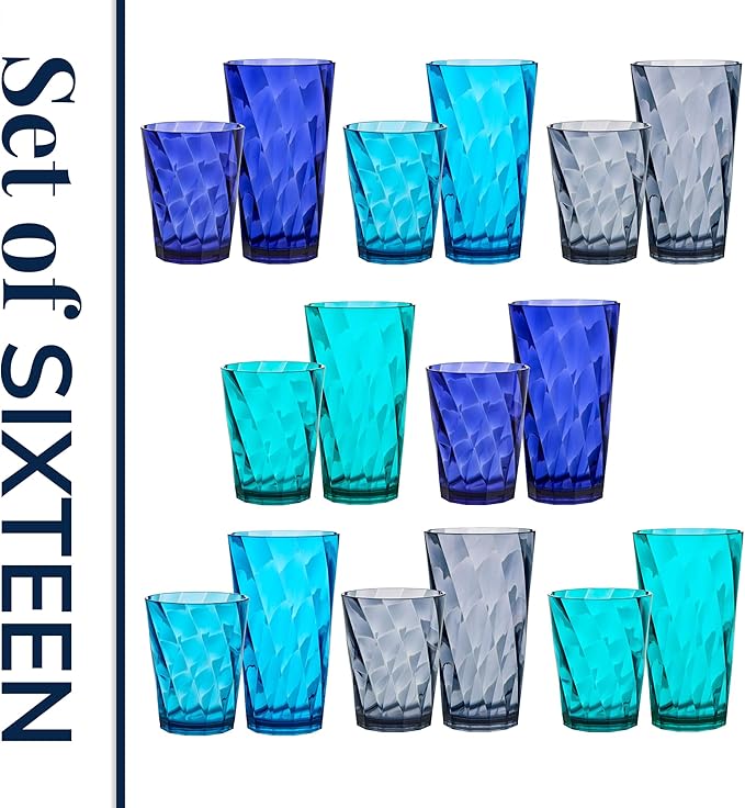 US Acrylic Optix Plastic Reusable Drinking Glasses (Set of 16) 14oz Rocks & 20oz Water Cups in Coastal Colors | BPA-Free Tumblers, Made in USA | Top-Rack Dishwasher Safe