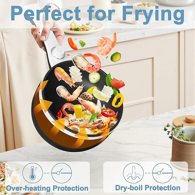 Dezin Hot Pot Electric with Steamer Upgraded, Non-Stick Sauté Pan, Rapid Noodles Electric Pot, 1.5L Mini Pot for Steak, Egg, Fried Rice, Ramen, Oatmeal, Soup with Power Adjustment