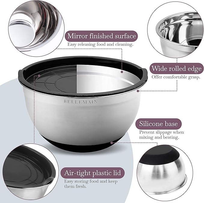 Bellemain Stainless Steel Non-Slip Mixing Bowls with Lids (5 Piece, Silver/Black)