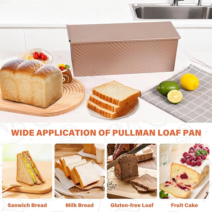 Pullman Loaf Pan with Lid 13x4 Inch, 2.2lb Dough Capacity for Homemade Bread, Non-stick Corrugated Carbon Steel Bread Toast Box with Cover for Bakeware, Sandwich & Toast Oven Baking, Gold