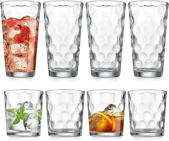 Home Essentials & Beyond Glassware Drinking Glasses Set Of 8 4 Highball (17 oz.) Kitchen Glasses | 4 (13 oz.) Rocks Glass Cups for Water, Juice and Cocktails.