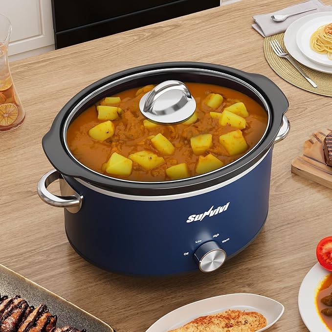 Sunvivi 4 Quart Slow Cooker & Mini Food Warmer with 3 Heating Settings, Removable Ceramic Pot, Dishwasher Safe Glass Lid, Stainless Steel, Blue