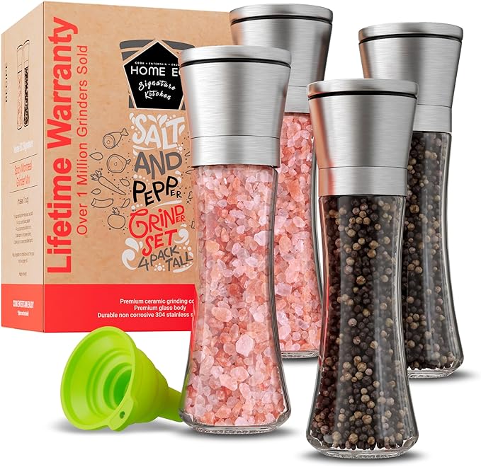 Home EC Original Stainless Steel Sea Salt and Pepper Grinder Set of 4 - Adjustable Ceramic - Tall Glass Salt and Pepper Shakers Mills - Modern Kitchen Spice Mill W/Funnel & EBook
