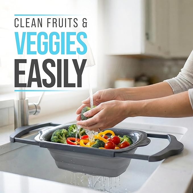 Comfify XL Large Kitchen Strainer - Collapsible Silicone Over-The-Sink Colander with Extendable Handles - Use with Pasta, Fruit, Berries & Veggie - 6 Quart - Gray