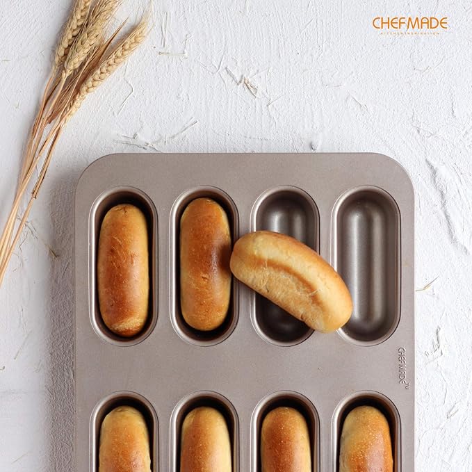 CHEFMADE Twinkie Cake Pan, 8-Cavity Non-Stick Mini Hotdog-Shaped Muffin Eclair Bakeware for Oven Baking (Champagne Gold)