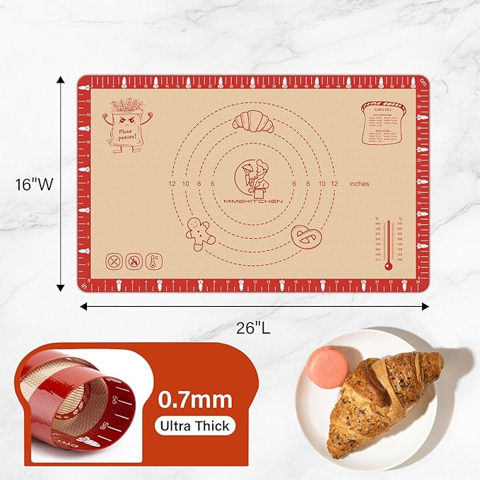 Extra Thick Silicone Baking Mat with Recipes - 26x16 inch Non Stick Pastry Mat with Measurements for Sourdough, Macarons, Bread, Pizza, Dough Rolling, Kneading, Heat Resistant to 480°F Gift for Baker