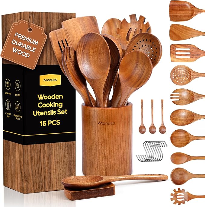 15Piece Wooden Spoons for Cooking Natural Teak Wooden Kitchen Utensils Set Comfort Grip