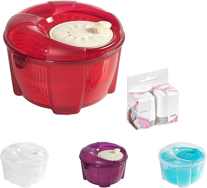 Mabel Home Salad Spinner, Salad Tosser and Mixer, 5,5 Quart, Vegetable Spinner -EXTRA Salt&Pepper Shaker inc. (Red)