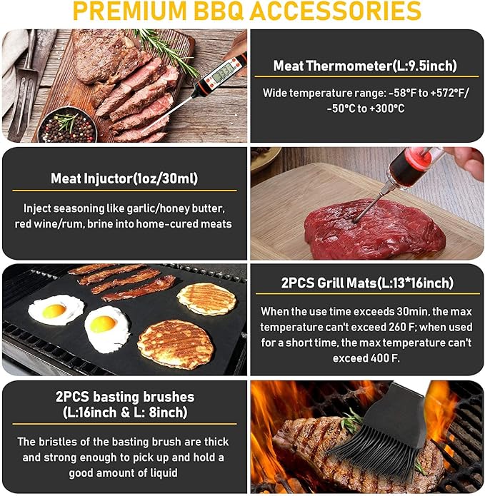 34Pcs Grill Accessories Grilling Gifts for Men, 16 Inches Heavy Duty BBQ Accessories, Stainless Steel BBQ Tools with Thermometer, Grill Mats for Backyard, BBQ Set for Men Women