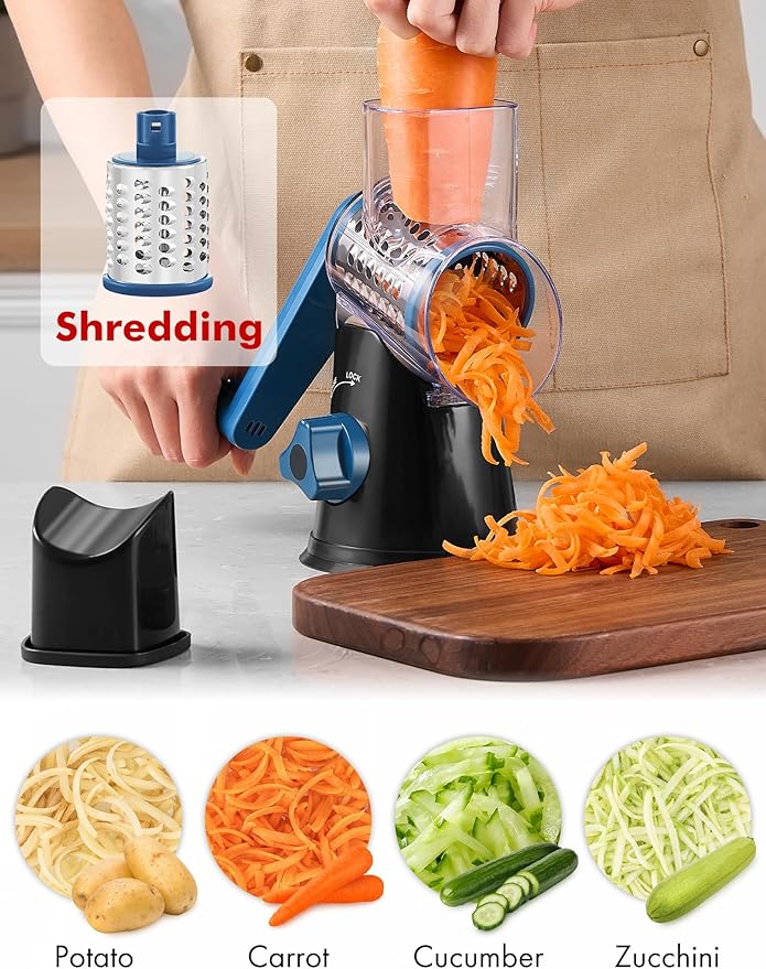 Cheese Grater Rotary, Rotary Grater for Kitchen, Kitchen Vegetable Slicer with 3 Drum Blades, Fast Cutting Cheese Shredder for Vegetables and Nuts