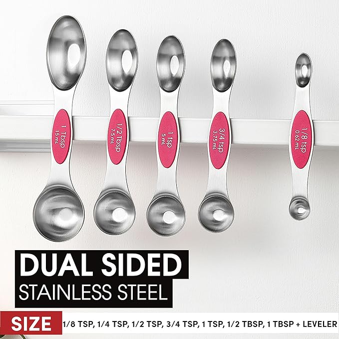 Spring Chef Pink Stainless Steel Magnetic Measuring Spoons Set of 8 with Leveler, Dual Sided Teaspoon & Tablespoon Measuring Set for Dry and Liquid Ingredients, Kitchen Gadgets for Baking & Cooking