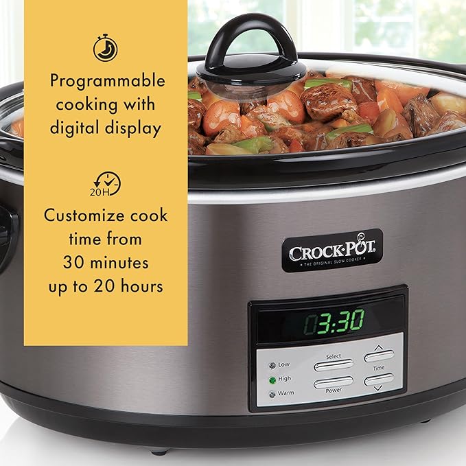 Crock-Pot Large 8-Quart Programmable Slow Cooker with Auto Warm Setting Black Stainless Steel