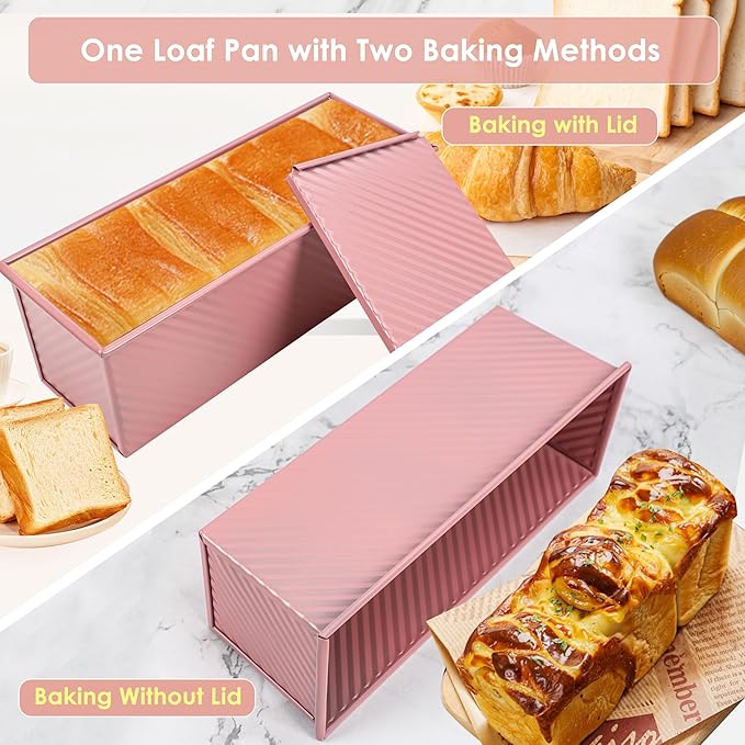Premium Pink 13-inch Pullman Loaf Pan with Lid - Perfect for Baking Professional-Grade Sandwich Bread, PFOA & PTFE Free, Healthy & Stylish Non-Stick Bread Loaf Pan for Homemade Bread