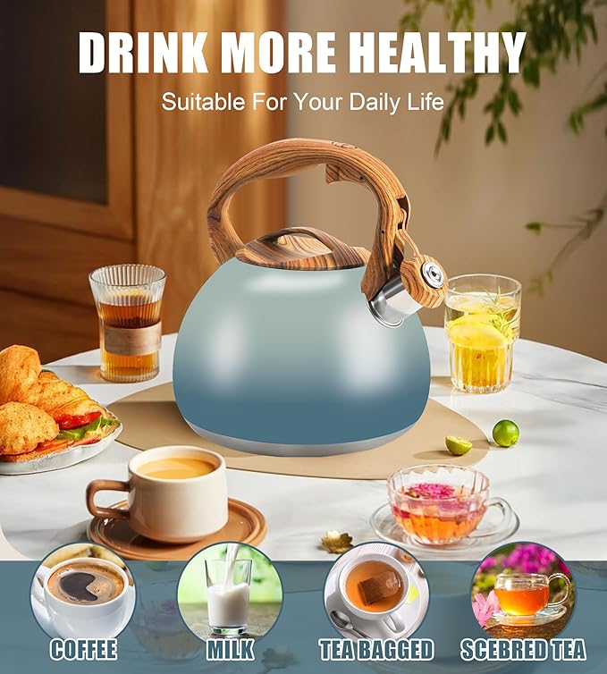 Tea Pot, 3.2Qt Tea Kettle Stovetop, Food Grade Stainless Steel Tea Kettle,Suitable for Various Heat Sources,One-Button Switch (Grayish Blue Gradient)