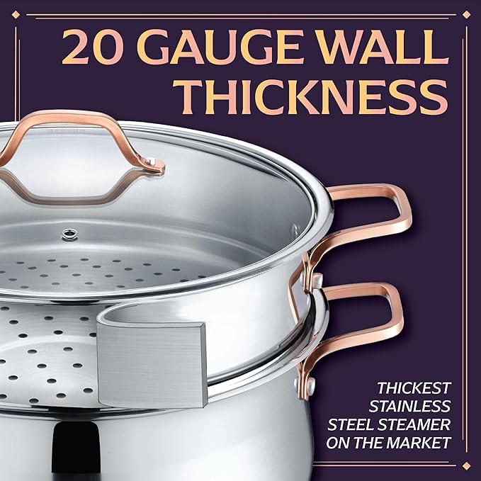 CONCORD Premium Stainless Steel 3 Tier Steamer w/Rose Gold Handles 26 cm