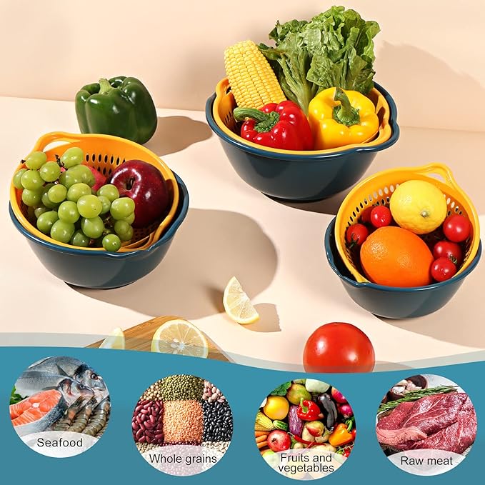 6 Pieces Colander with bowl, Food Strainer for Pasta Veggies and Fruits, BPA Free, Dishwasher Safe (blue)