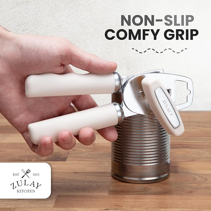 Zulay Kitchen Heavy Duty Stainless Steel Can Opener Manual with Bottle Opener - Rust Proof Manual Can Opener With Turn Knob & Comfy Soft Grip Handles - Cream