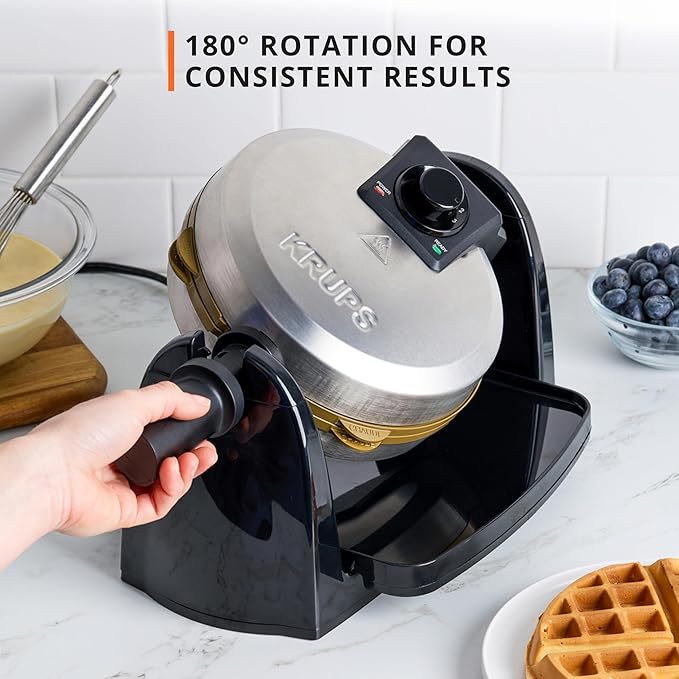 KRUPS Waffle Maker, Rotating Belgian Waffle Maker, 180° Flip Waffle Iron, Ceramic Non-Stick Plate, 3 Browning Control Levels, Foldable Cool Touch Handle, Removable Drip Tray, Stainless Steel