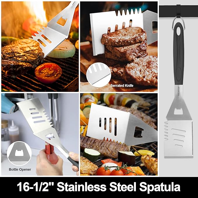 HAUSHOF Large Grilling Accessories, BBQ Grill Set, Heavy Duty Stainless Steel Barbecue Utensils with 16-1/2" Spatula, Brush, Fork, Tongs, Skewers, Thermometer, Bag, Ideal Gift, 15PCS