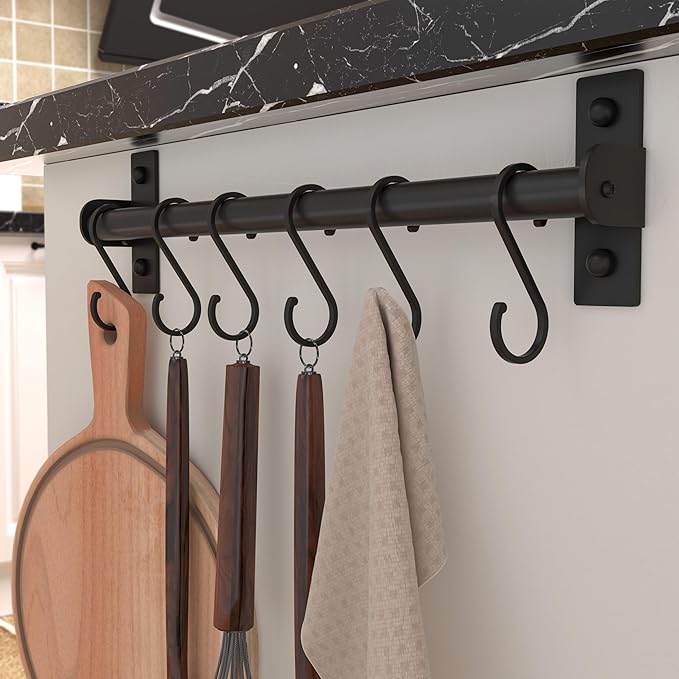 Dseap Kitchen Utensil Holder Hanger, Pot and Pan Rack Wall Mounted, Kitchen Rail with 8 Hooks for Hanging Cooking Utensils, Mugs, Spoons, Wall Mounted, Black