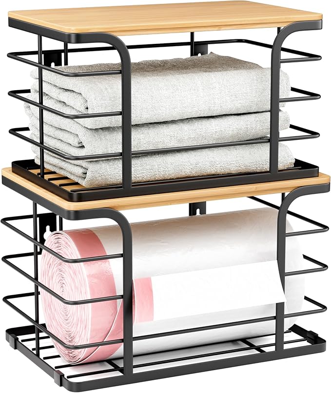 2 Pack Extra Large Stackable Pantry Organizers and Storage,Wall Mount Trash Bag Holder Dispenser with Bamboo Top for Kitchen Laundry Room Organization,Black