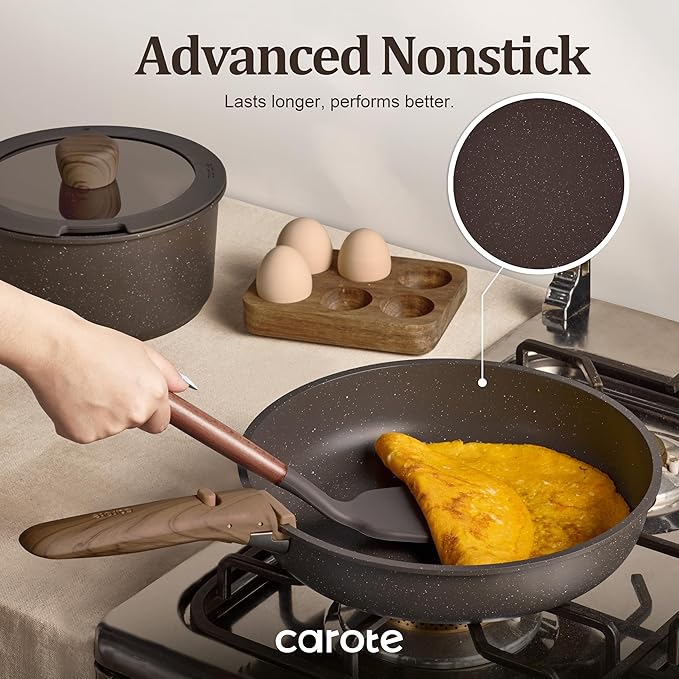 CAROTE 17PCS Pots and Pans Set Non Stick with Detachable Handle, Nonstick Cookware Sets, Cooking Kitchen Set, Oven/Dishwasher Safe, Induction Cookware, Brown, RV Kitchen Pot and Pan