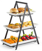 YHOSSEUN 3 Tier Serving Tray Tiered Tray Stand, Ceramic Serving Platters and Trays with Metal Rack, 10+12+14 Inch Large Serving Trays for Party 3 Tier Serving Stand Dessert Display Set, Black