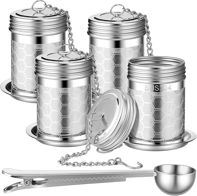 Umigy 4 Pcs Tea Infuser Strainers for Loose Tea with Scoop, Extra Fine Mesh Steeper 304 Stainless Steel Diffuser Leaf Holder with Extended Chain Hook for Brew, Spices, Seasoning, Silver