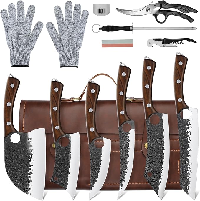 Purple Dragon Butcher Knife Set - 12 Pcs Kitchen Knife Set - Hand Forged Serbian Meat Cleaver Boning Viking Knives, Knives with Roll Bag for Home Cooking BBQ - Christmas Gift for Men and Women