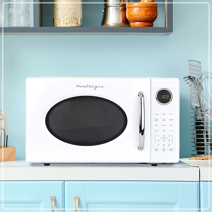 Nostalgia Retro 1000W Microwave Oven 1.1 Cu Ft Capacity – Child Safety Lock, 8 Auto-Cook Settings – Countertop Kitchen Appliance – White