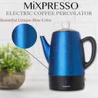 Mixpresso 10 Cup Percolator Coffee Pot Electric, Stainless Steel Coffee Percolator Electric With Keep Warm Function, Classic Perculator Pot With Removable Basket for Home or Office - Shiny Blue