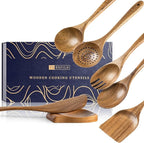 Wooden Spoons for Cooking, Nonstick Cooking Utensil Set with 6 Piece Acacia Wooden Spatulas and Spoons, as well as a Extra Whole Wood Spoon Rest, Terrific for Everyday Kitchen Tasks