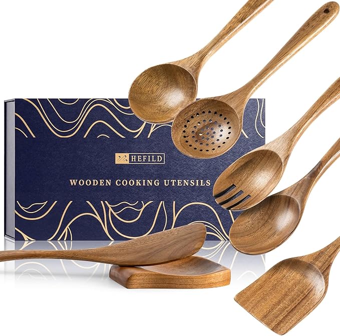 Wooden Spoons for Cooking, Nonstick Cooking Utensil Set with 6 Piece Acacia Wooden Spatulas and Spoons, as well as a Extra Whole Wood Spoon Rest, Terrific for Everyday Kitchen Tasks