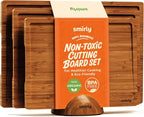 SMIRLY Wood Cutting Boards for Kitchen Wooden Chopping Board Set Reversible with Deep Juice Grooves Grip Handles, Large Charcuterie Tray, New Apartment Essentials, Carbonized Bamboo, 3Pcs with Holder