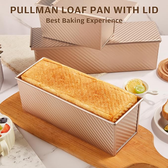 KITESSENSU Pullman Loaf Pan with Lid, 2Lb Dough Capacity Non-Stick Bakeware for Baking Bread, Sandwich & Toast Oven Baking, Gold