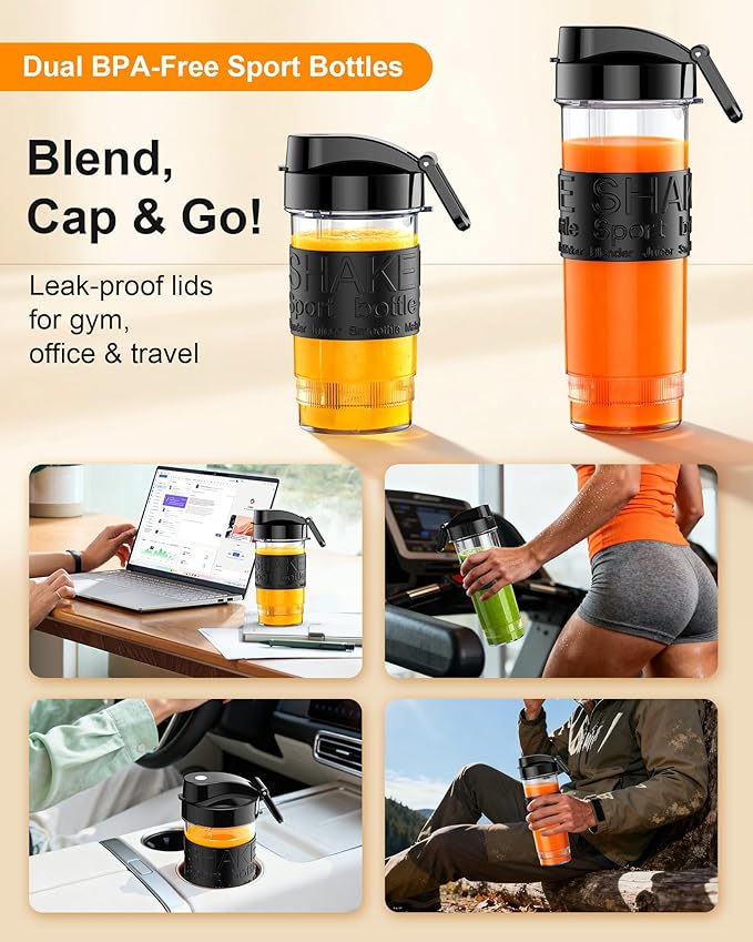 Smoothie Blender, 650W Personal Blenders for Shakes and Smoothies with Grinder Cup & 2 BPA-Free Portable Cups (20oz+14oz), Portable Blender for Juices, Smoothies Maker for Kitchen, Black
