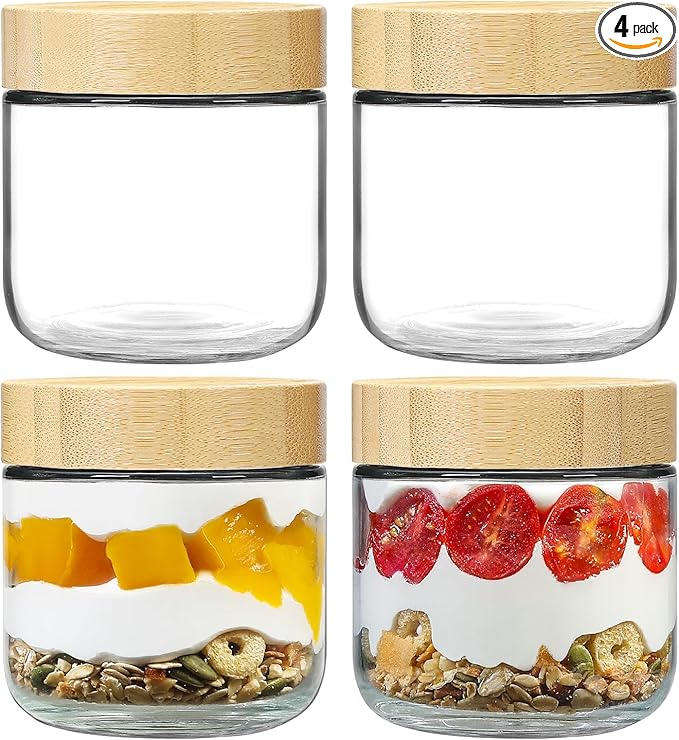 NETANY 4-pack 10oz Glass jars with Airtight Lids, Overnight Oats Containers with Bamboo Lids, Wide mouth Mason Salad jars, Glass Food Storage Containers for Snacks Yogurt Spice Sugar