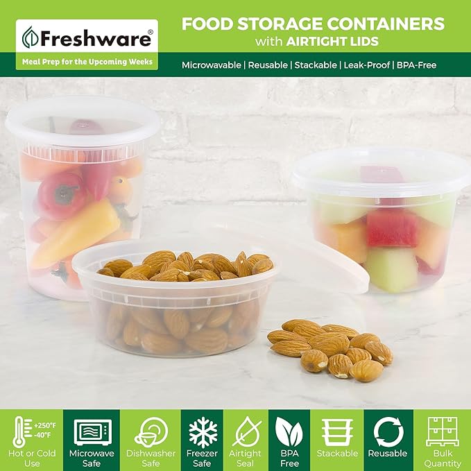 Freshware Food Storage Containers with Lids [60 Pack 8, 16, 32 oz, 20 sets each size] Plastic Deli Containers, Meal Prep Containers, Microwave and Freezer Safe, Stackable, Leakproof, BPA Free, Clear