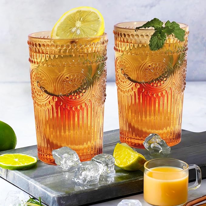 Loivttvv 6pcs Vintage Drinking Glasses Set, 12 oz Amber Highball Glasses, Embossed Ribbed Glassware Cups for Thanksgiving Cocktail, Juice, Whiskey