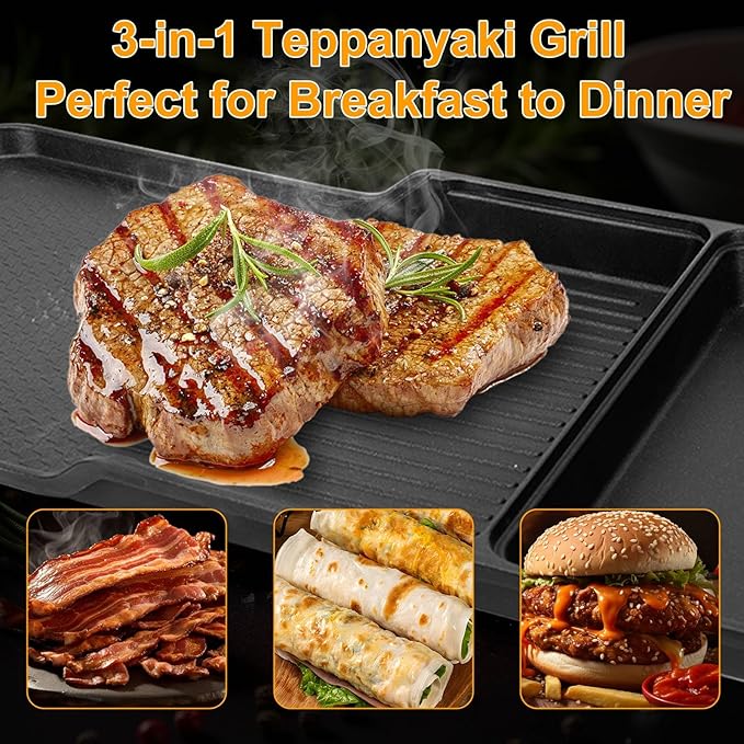 AEWHALE 3-in-1 Electric Nonstick Griddle Grill 1800W,Teppanyaki Grill with Removable Temperature Control & Drip Tray for Pancakes Burgers Eggs,22"x 10.5"
