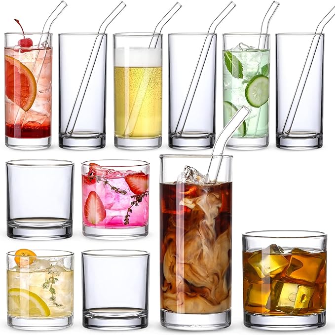 [ 12 Pack ] Glass Cups with Glass Straws, 12oz Highball & Rock Drinking Glasses, Everyday Drinkware Glasses Set, Cute Tumbler Cup, Kitchen Glasses for Iced Coffee, Water, Beer, Cocktail, Whiskey Gift.
