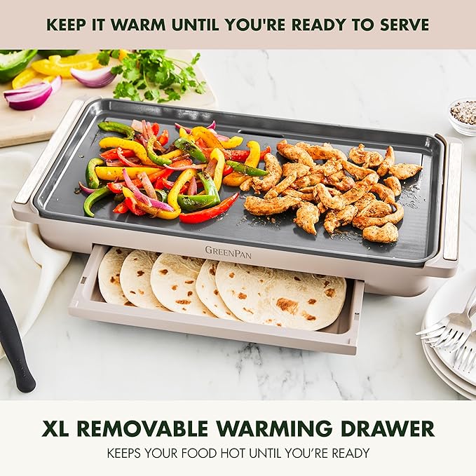 GreenPan Advanced 10.5”x 20” Electric Griddle with Warming Drawer, Healthy Ceramic Nonstick PFAS-Free Coating, Temperature Control, Easy and Versatile Countertop Meals, Dishwasher Safe, Clay