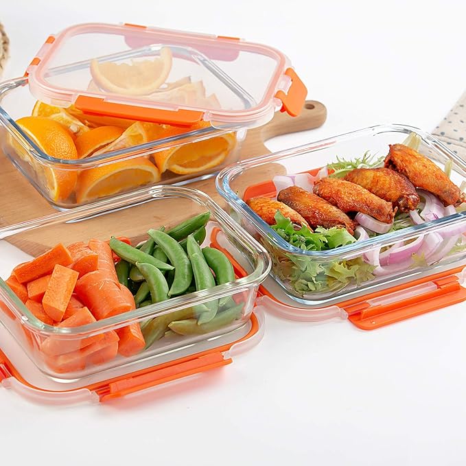 C CREST [10-Pack] Glass Food Storage Containers - Food Prep Containers with Lids - Microwave, Oven, Freezer and Dishwasher Safe