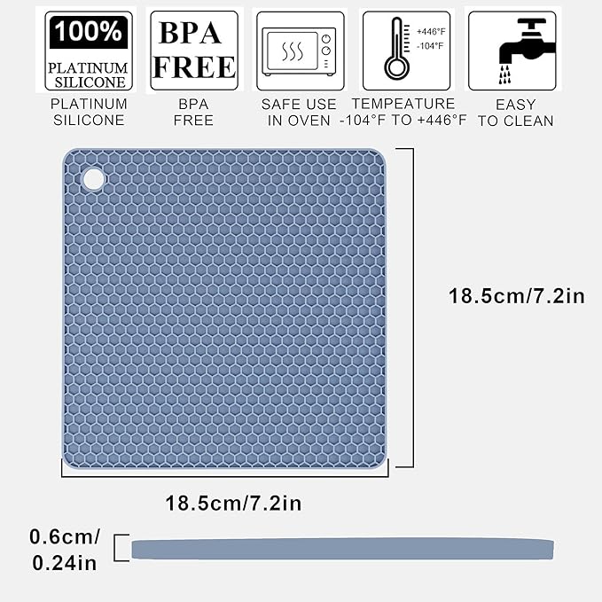 4 Pack Silicone Trivet Mat, Silicone Trivets for Hot Pots and Pans, Non-Slip & Heat Resistant Silicone Hot Pad for Kitchen Counter Mat Set, Soft Drying Mat, Jar Opener and Coasters, Square, Blue