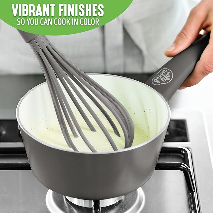 GreenLife Soft Grip 1QT and 2QT Saucepan Set, Healthy Ceramic Nonstick, Non Toxic PFAS & PFOA-Free, Dishwasher Safe, Glass Lids, Stay-Cool Handles, Easy Clean Cookware, Kitchen Essentials, Gray