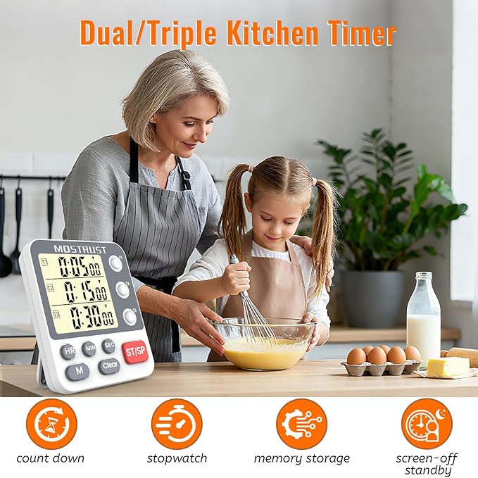 Digital Dual Kitchen Timer, 3 Channels Countdown Triple Timer for Cooking, Magnetic Memory-Preset Large Display Adjustable Alarm Volume, Multi Times Management, 3A Battery Included, White