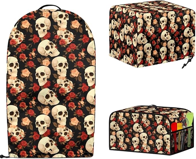 Rose Skulls Kitchen Appliance Covers 3 Pcs Set Gothic Toaster Covers 2 Slice Wide Slot & Blender Cover with Top Handle & Slow Cooker Dust Cover Halloween Decor