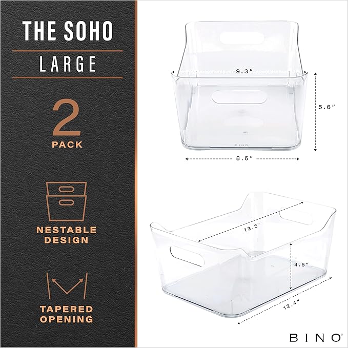 BINO | Plastic Storage Bins, Large - 2 Pack, Clear | THE SOHO COLLECTION | Pantry Organizers and Storage Containers | Fridge Organizer Bins | Kitchen Cabinet Organizer | Medicine Cabinet Bin